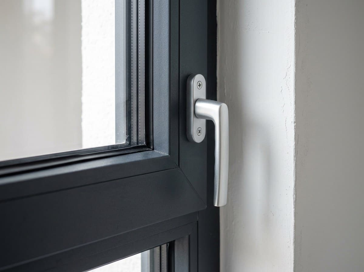 Nahaufnahme einer Fensterecke mit dunklem Rahmen und hellem Griff vor heller Wand